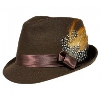 Fedora Hat - Wool-felt w/ Satin Ribbon Bow & Feather - Brown